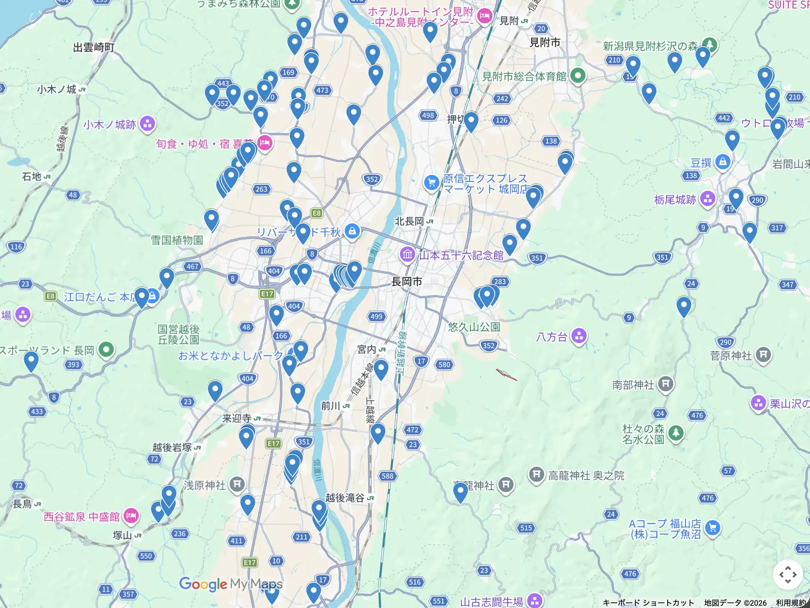 長岡市内と周辺地域で確認された松田ペットの看板の位置を示すGoogleマイマップのプレビュー