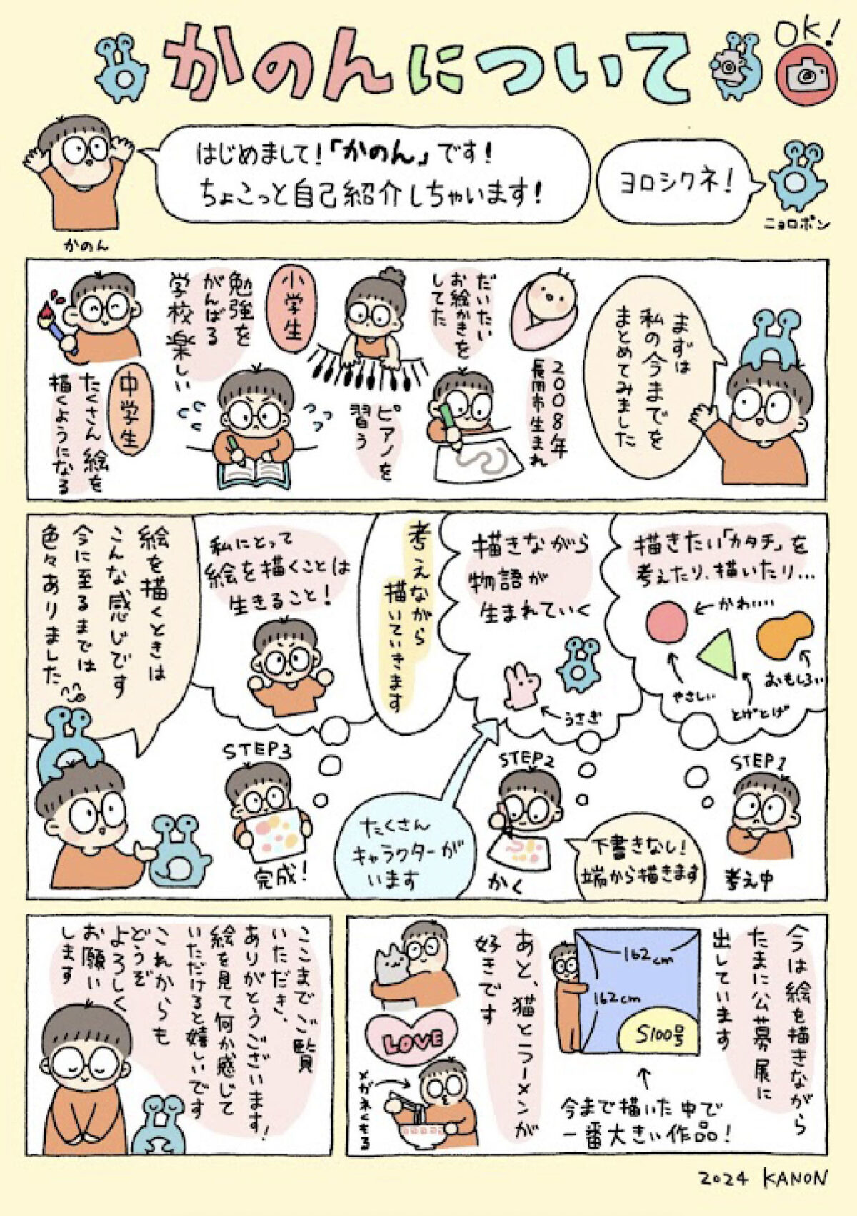 石原花音による自己紹介漫画(絵を描くことや成長についての紹介)