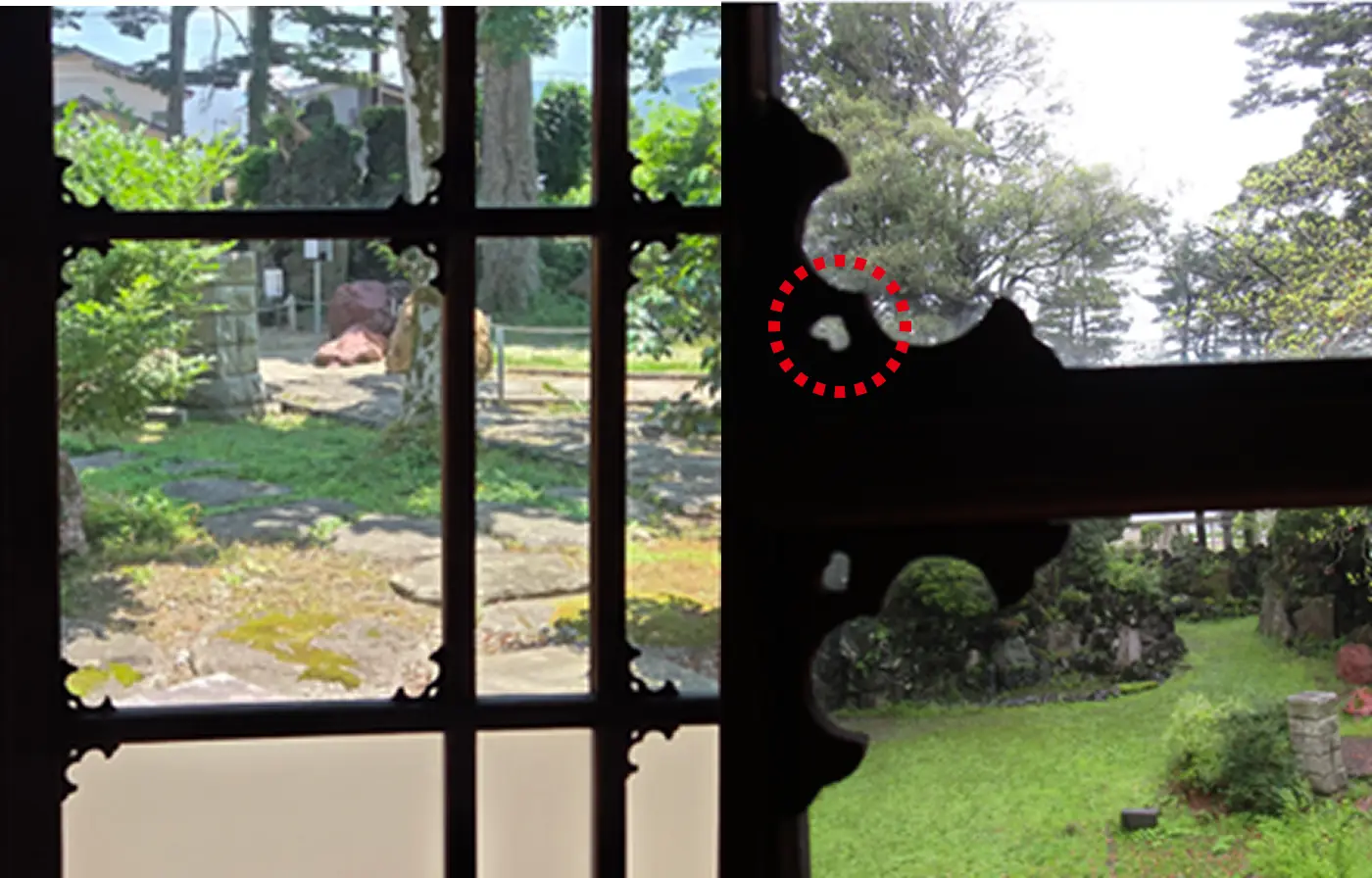 離れ座敷のガラス窓にある猪の目の装飾