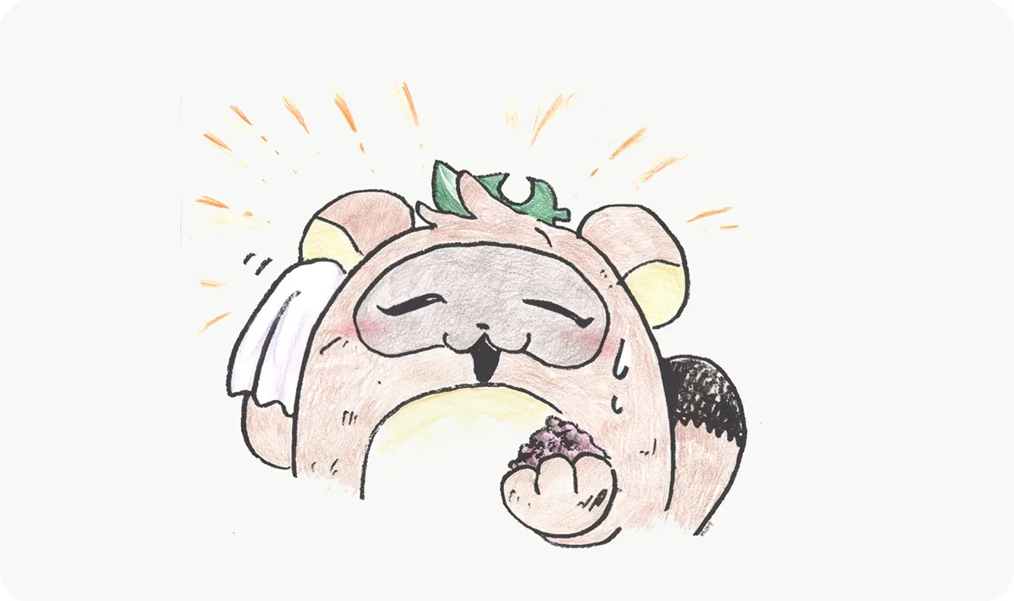 たぬきが汗をかきながら収穫したそばを持っているイラスト